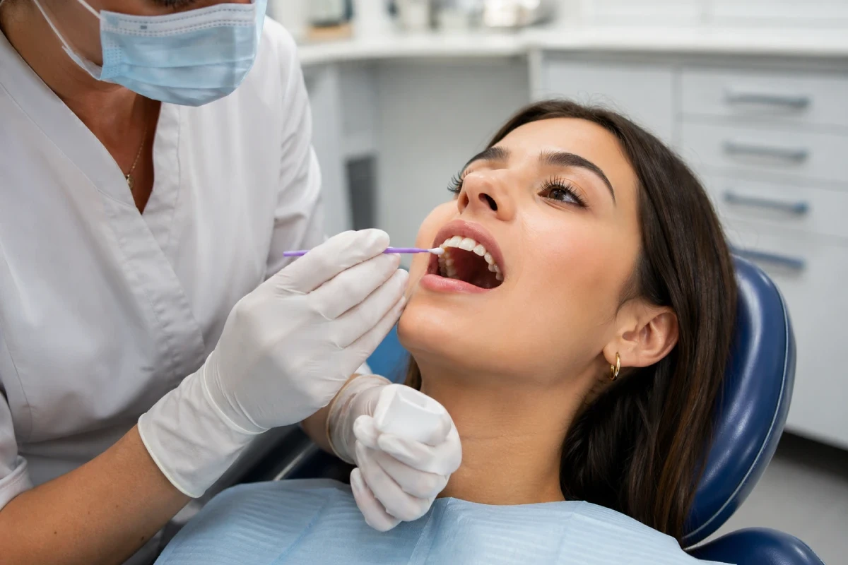 Dentist applying professional fluoride treatment to help repair early cavities and protect tooth enamel uai