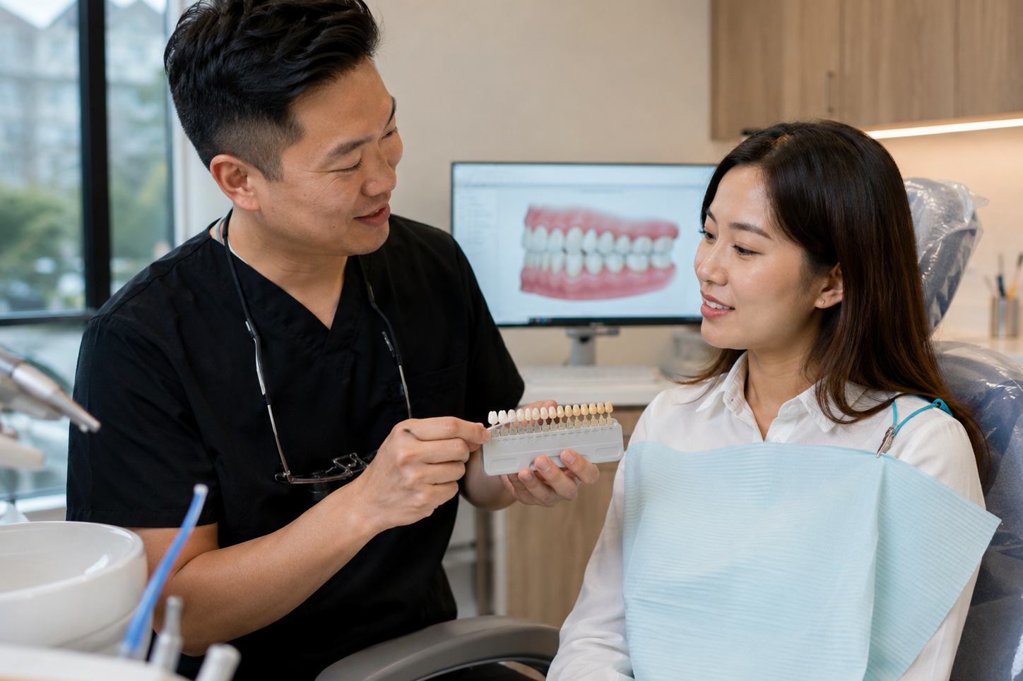 Dentist explaining BIOCLEAR dental bonding treatment to a patient in Burnaby
